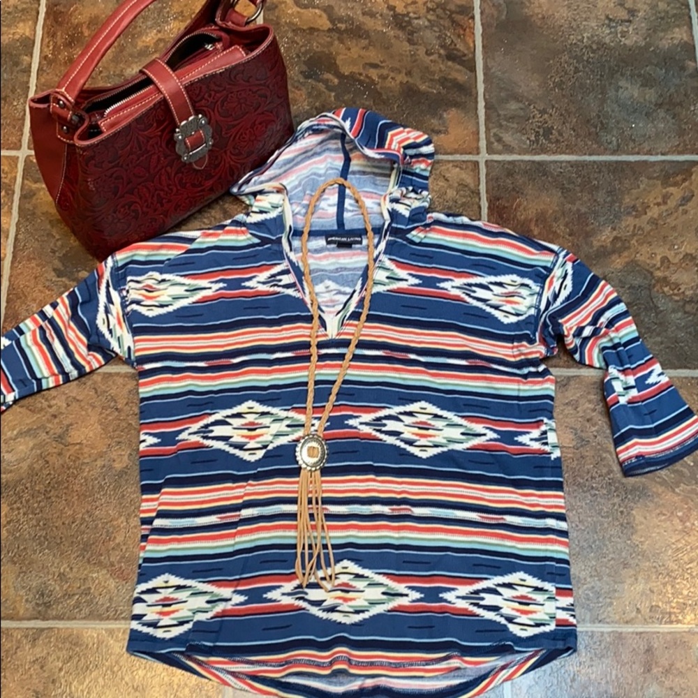 Denim colored Aztec print hooded tee 3/4 sleeve